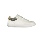 White Tommy Hilfiger men's polyester sneaker with laces, casual athletic design, and brand logo on the side.