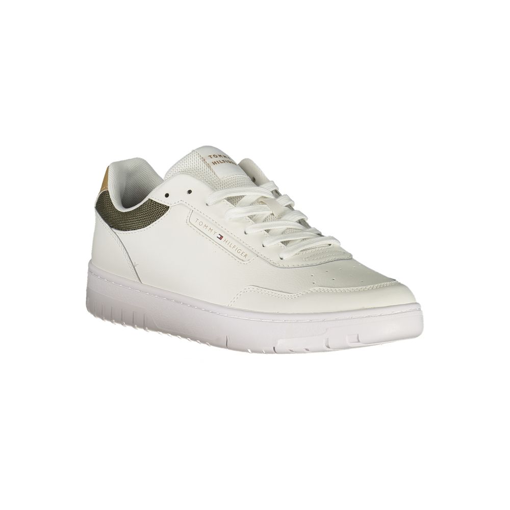 Tommy Hilfiger white polyester men's sneaker with lace-up design and branded logo on side, casual athletic footwear.