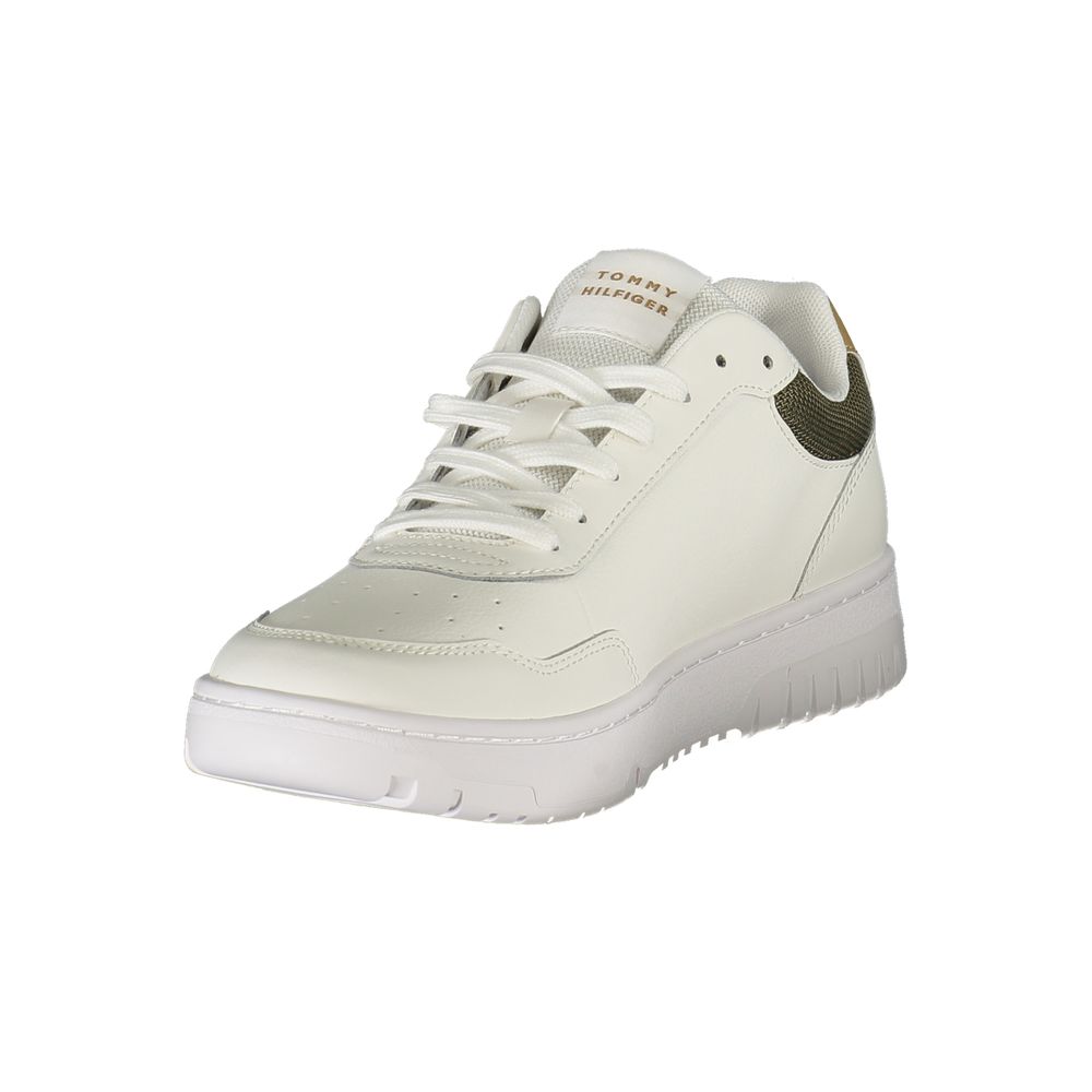 White Tommy Hilfiger men's polyester sneaker with a sleek design and lace-up closure, casual athletic footwear.