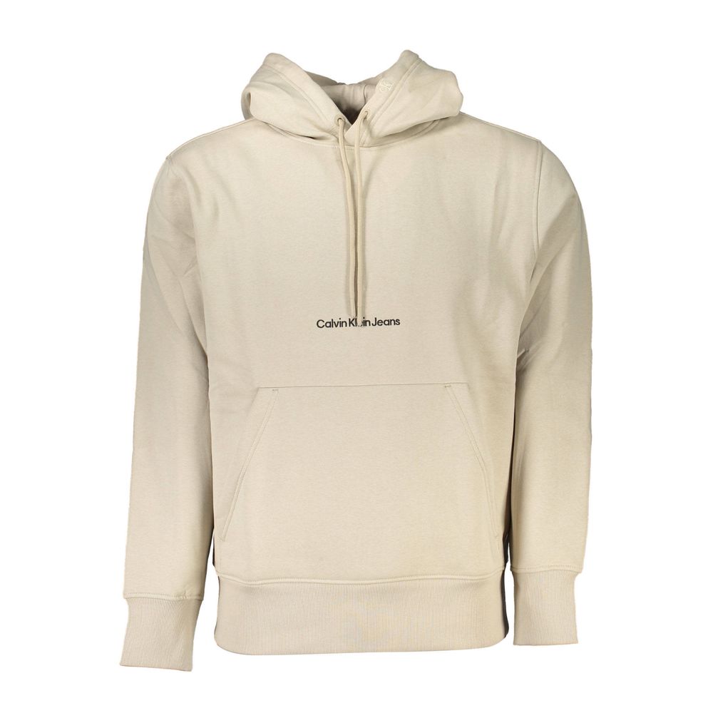 Calvin Klein beige cotton men's sweater displayed on a hanger with a close-up of the fabric texture.