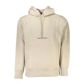 Calvin Klein beige cotton men's sweater displayed on a hanger with a close-up of the fabric texture.