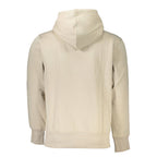 Calvin Klein beige cotton men's sweater with a crew neck and ribbed cuffs, displayed on a hanger.