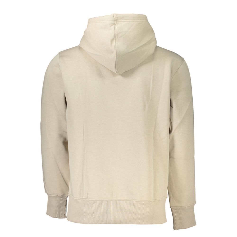 Calvin Klein beige cotton men's sweater with a crew neck and ribbed cuffs, displayed on a hanger.