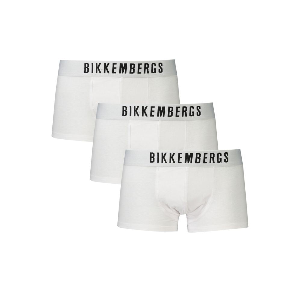 White Bikkembergs polyester men's boxer briefs with a comfortable fit and minimal branding, shown in the image.