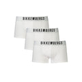 White Bikkembergs polyester men's boxer briefs with a comfortable fit and minimal branding, shown in the image.