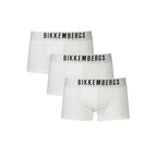 White Bikkembergs polyester men's boxer briefs with a comfortable fit and minimal branding, shown in the image.