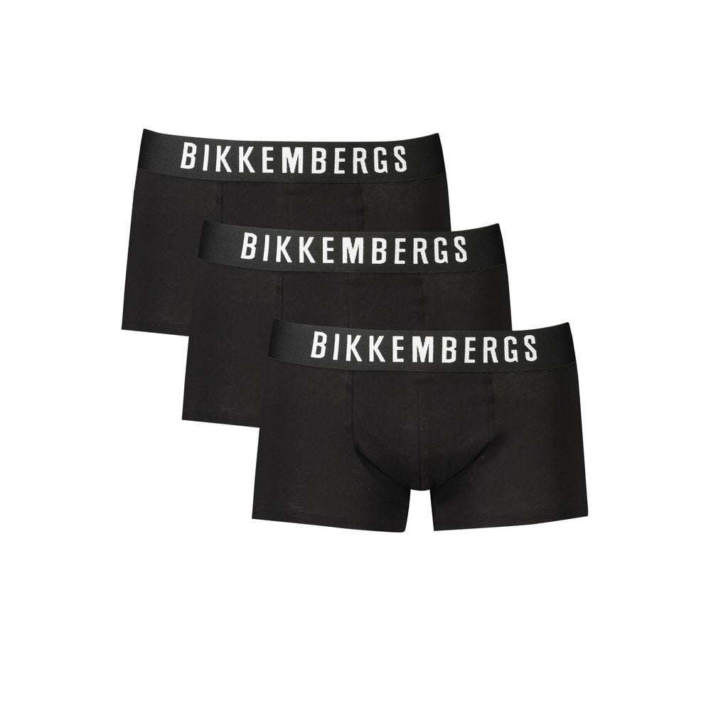 Black polyester men's boxer briefs by Bikkembergs, close-up view showing comfortable fit and sleek design.