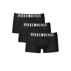 Black polyester men's boxer briefs by Bikkembergs, close-up view showing comfortable fit and sleek design.