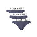 Bikkembergs men's blue polyester underwear with elastic waistband, close-up of fabric and fit.