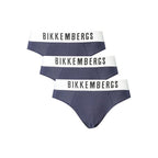 Bikkembergs men's blue polyester underwear with elastic waistband, close-up of fabric and fit.