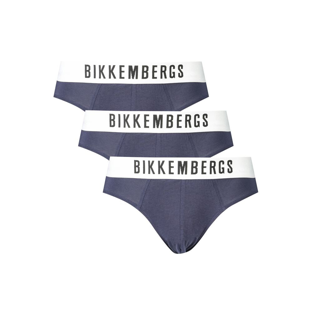 Bikkembergs men's blue polyester underwear with elastic waistband, close-up of fabric and fit.