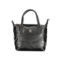 Tommy Hilfiger black polyester women's handbag with sleek design and silver hardware, featuring top handles and a spacious interior.