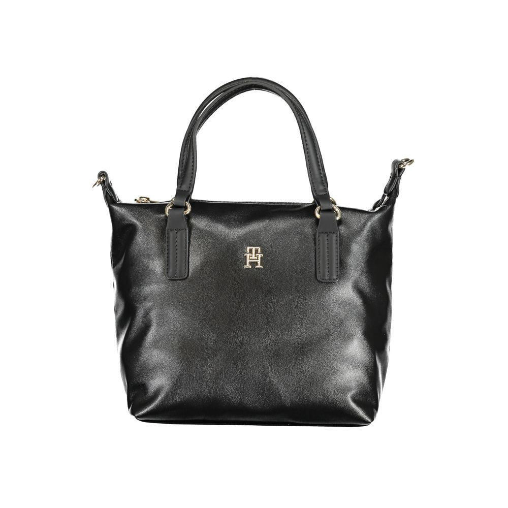 Tommy Hilfiger black polyester women's handbag with sleek design and silver hardware, featuring top handles and a spacious interior.