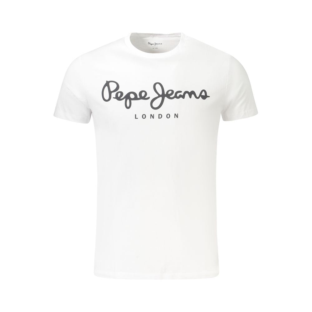 White cotton men's T-shirt by Pepe Jeans, casual fit with short sleeves and round neckline, shown on a hanger.