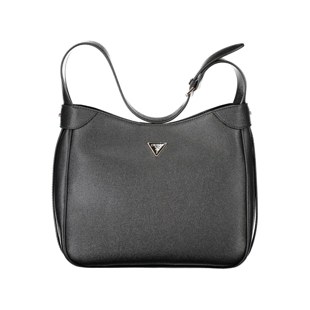 Black Guess Jeans polyurethane women’s handbag with sleek design and silver hardware, featuring a top handle and zipper closure.