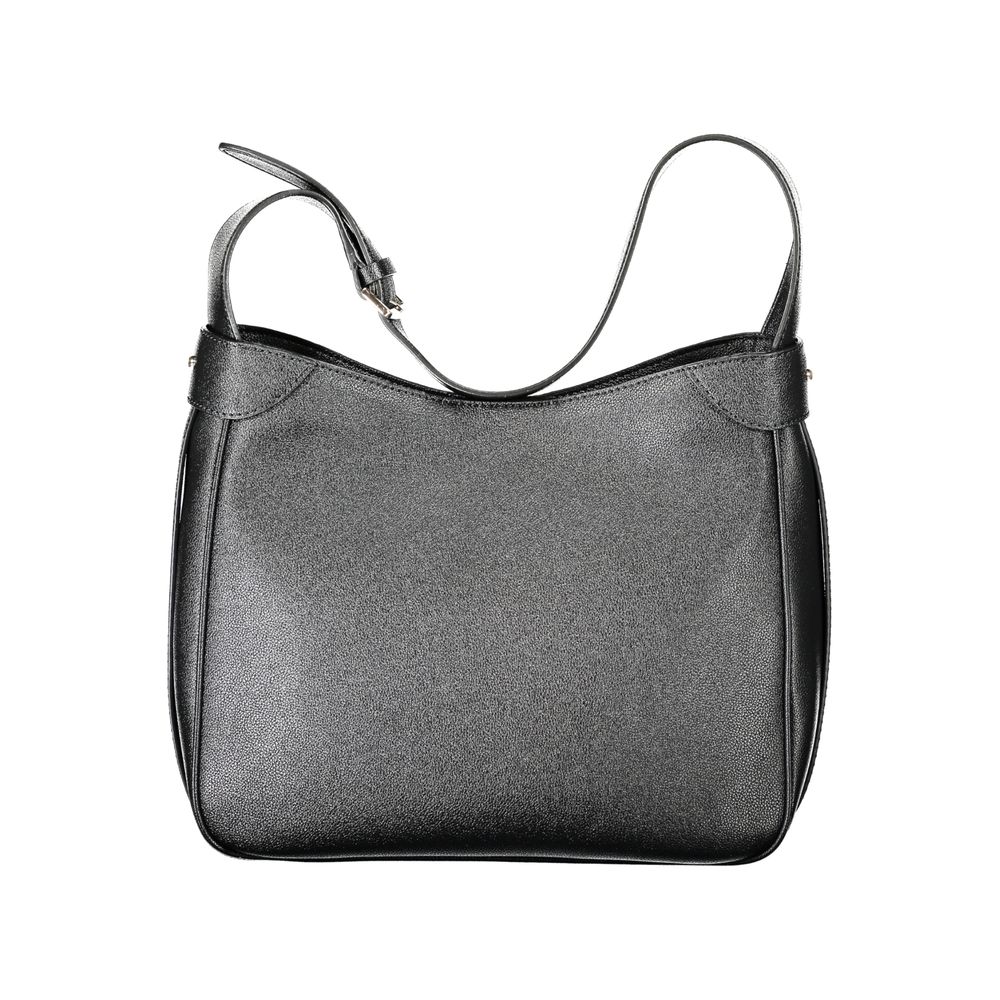 Black Guess Jeans polyurethane women’s handbag with sleek design and top handle, featuring textured material and minimalist style.