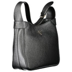 Black Guess Jeans polyurethane women's handbag with sleek design and top handle, featuring subtle branding and modern style.