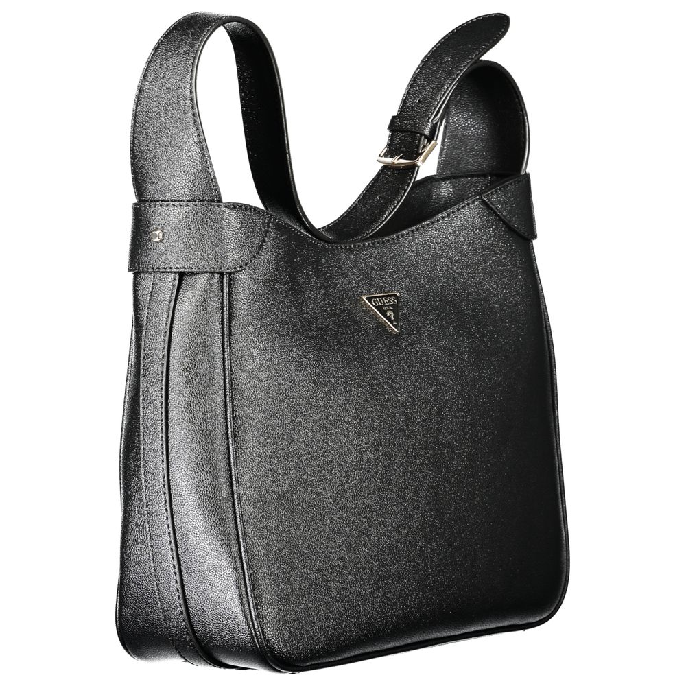Black Guess Jeans polyurethane women's handbag with sleek design and top handle, featuring subtle branding and modern style.