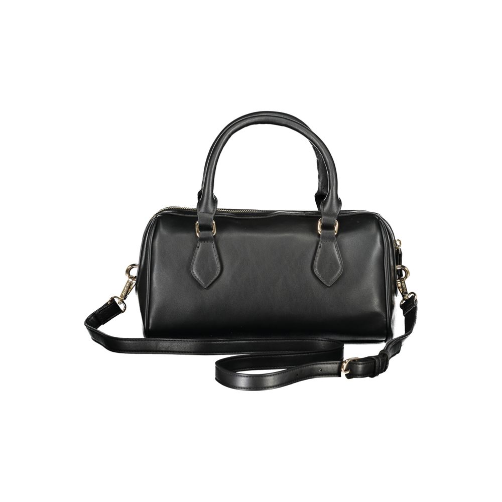 Mario Valentino Nero women's polyurethane bag with sleek design and silver hardware, featuring a top handle and spacious interior.