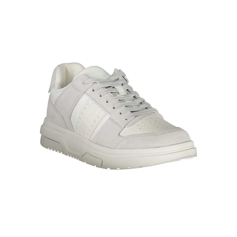 Tommy Hilfiger white polyurethane men's sneaker with clean design and white laces, casual footwear for everyday style.