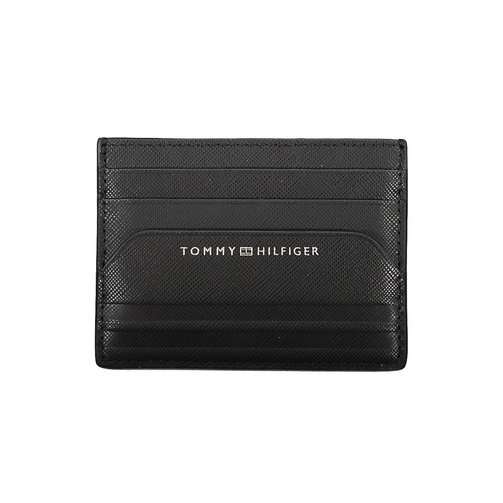 Black leather men's wallet by Tommy Hilfiger, featuring a sleek design with brand logo and multiple card slots.