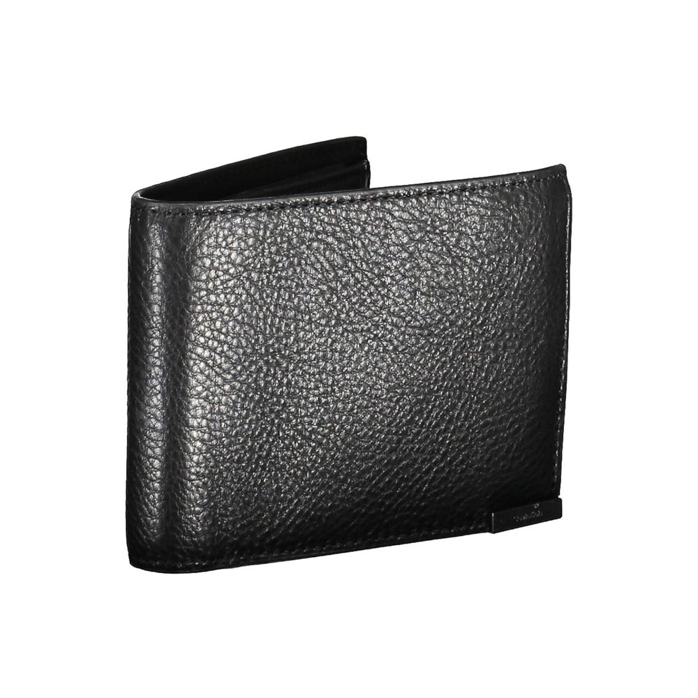 Black leather men's wallet by Calvin Klein with multiple card slots and a sleek, minimalist design.
