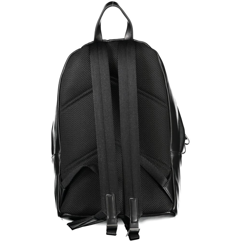 Calvin Klein black polyester men's backpack with adjustable straps and multiple compartments for daily use.