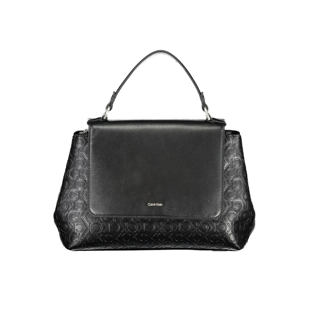 Black polyester Calvin Klein women's handbag with sleek design and subtle branding, featuring a top handle and zipper closure.