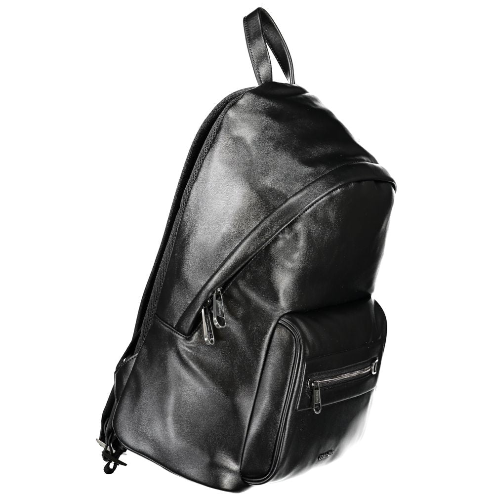 Black Calvin Klein polyester men's backpack with multiple compartments and adjustable straps, suitable for everyday use.