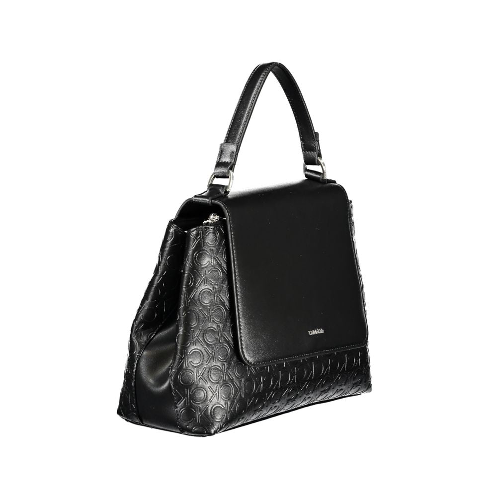 Calvin Klein black polyester women's handbag with sleek design and top handles, featuring a minimalist style and subtle branding.