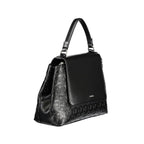 Calvin Klein black polyester women's handbag with sleek design and top handles, featuring a minimalist style and subtle branding.