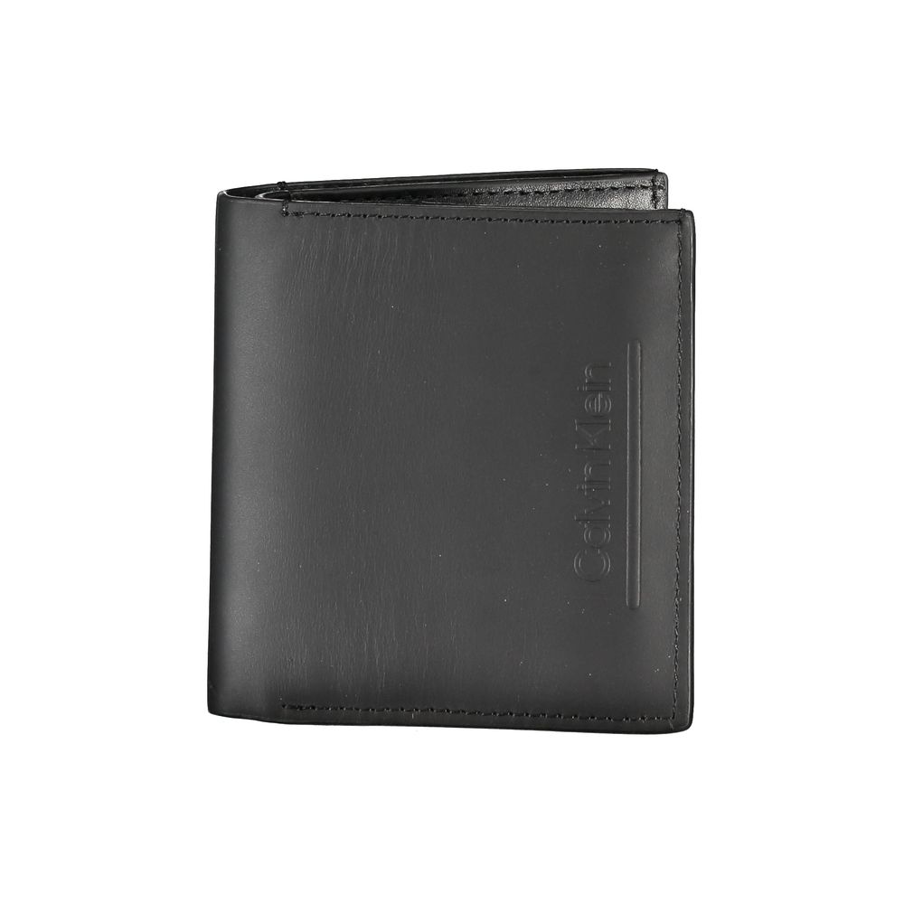 Black leather men's wallet by Calvin Klein with multiple card slots and a sleek, minimalist design.