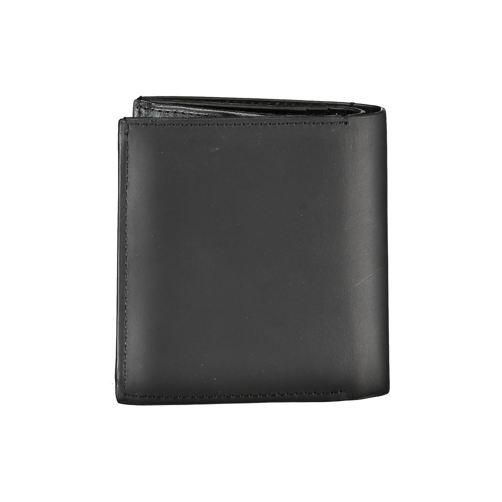 Calvin Klein black leather men's wallet showing multiple card slots and a sleek, minimalist design.