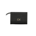 Black Calvin Klein polyester women's wallet with multiple card slots and a sleek, minimalist design.