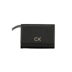 Black Calvin Klein polyester women's wallet with multiple card slots and a sleek, minimalist design.