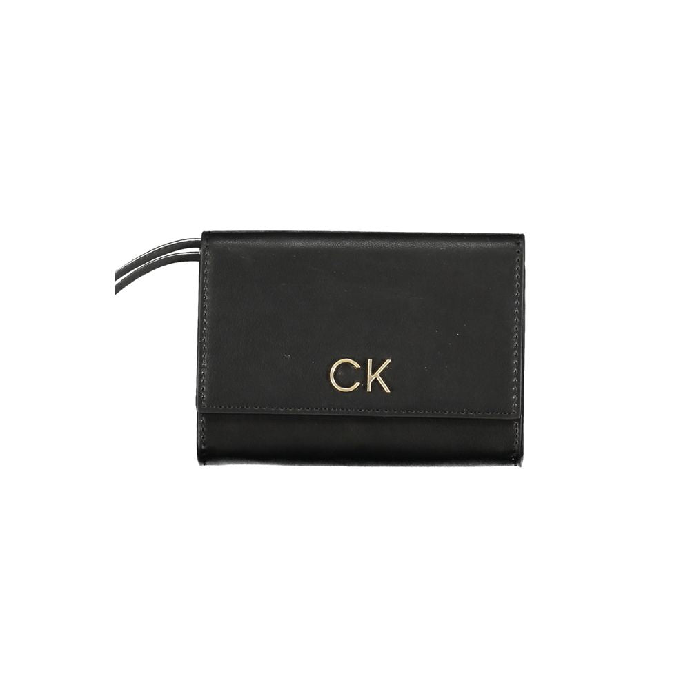 Black Calvin Klein polyester women's wallet with multiple card slots and a sleek, minimalist design.