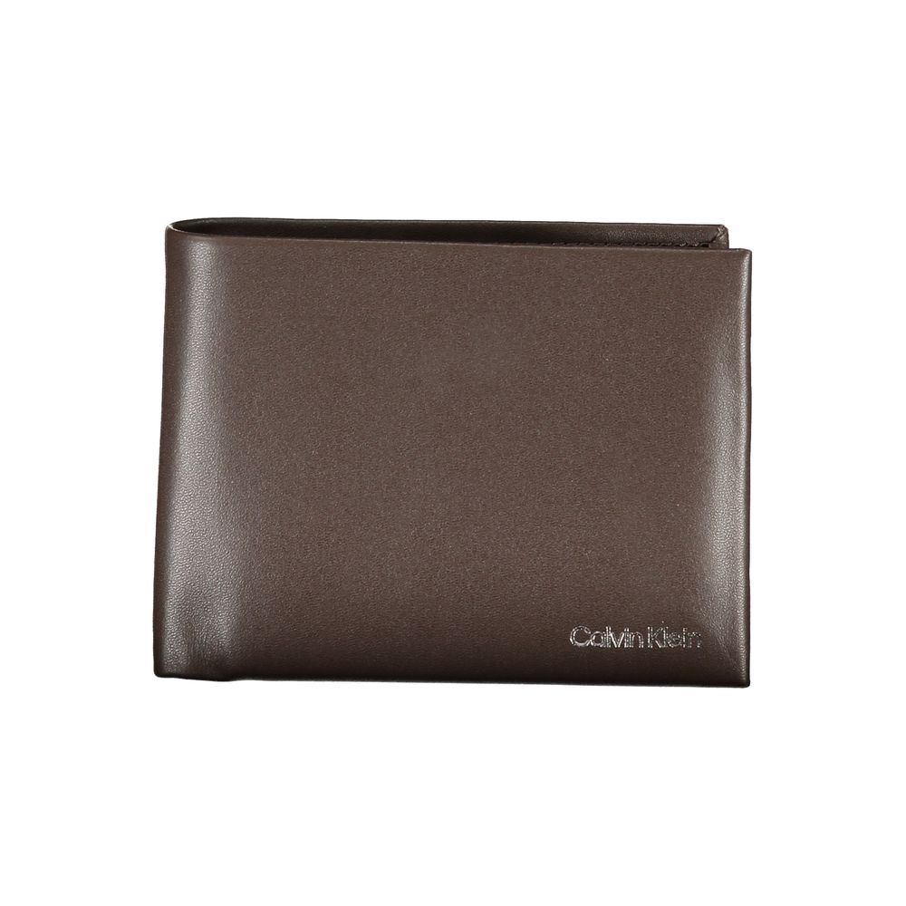 Calvin Klein Marrone leather men's wallet with multiple card slots and sleek design, shown open with visible interior compartments.
