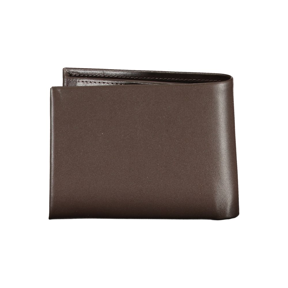 Calvin Klein men's brown leather wallet with multiple card slots and a sleek design, shown on a plain background.