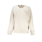 Beige cotton women's sweatshirt by Tommy Hilfiger with crew neckline and relaxed fit, displayed on a hanger.