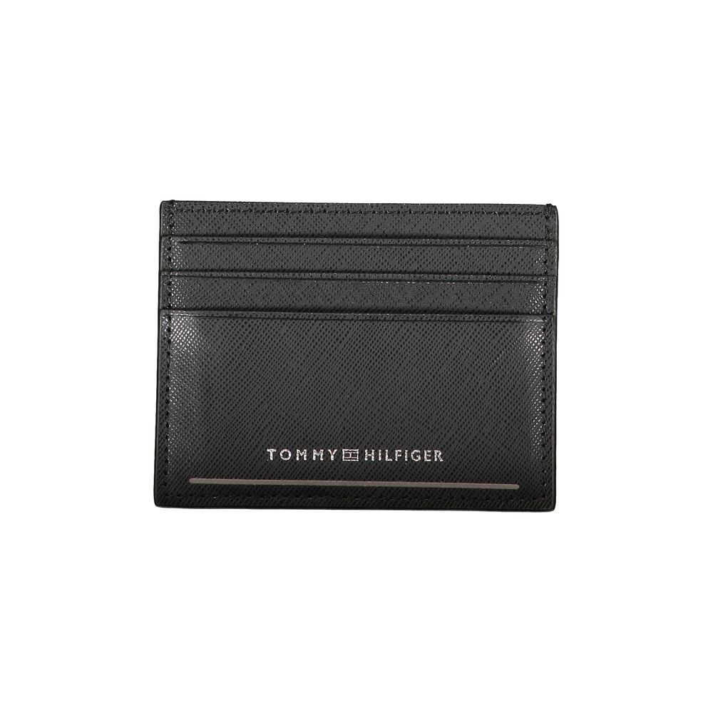 Tommy Hilfiger black leather men's wallet with multiple card slots and a sleek, classic design.