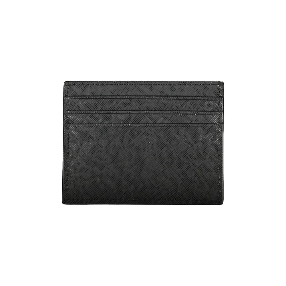 Black leather men's wallet by Tommy Hilfiger with multiple card slots and a sleek, minimalist design.