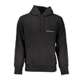 Black Calvin Klein men's cotton sweater displayed flat, featuring a crew neckline and ribbed cuffs for a classic, comfortable fit.