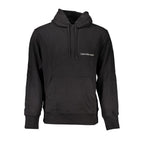 Black Calvin Klein men's cotton sweater displayed flat, featuring a crew neckline and ribbed cuffs for a classic, comfortable fit.