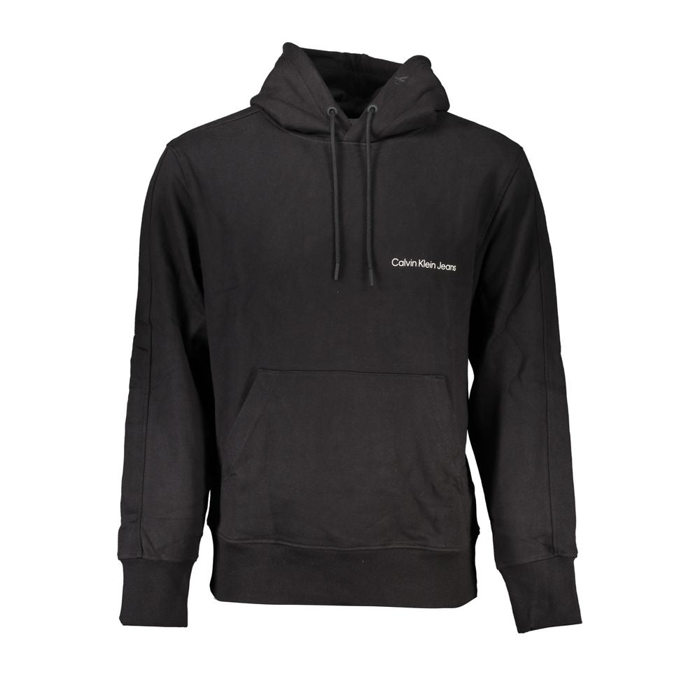 Black Calvin Klein men's cotton sweater displayed flat, featuring a crew neckline and ribbed cuffs for a classic, comfortable fit.