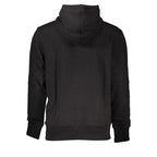Black cotton men's sweater by Calvin Klein with a crew neck and ribbed cuffs, displayed on a hanger.