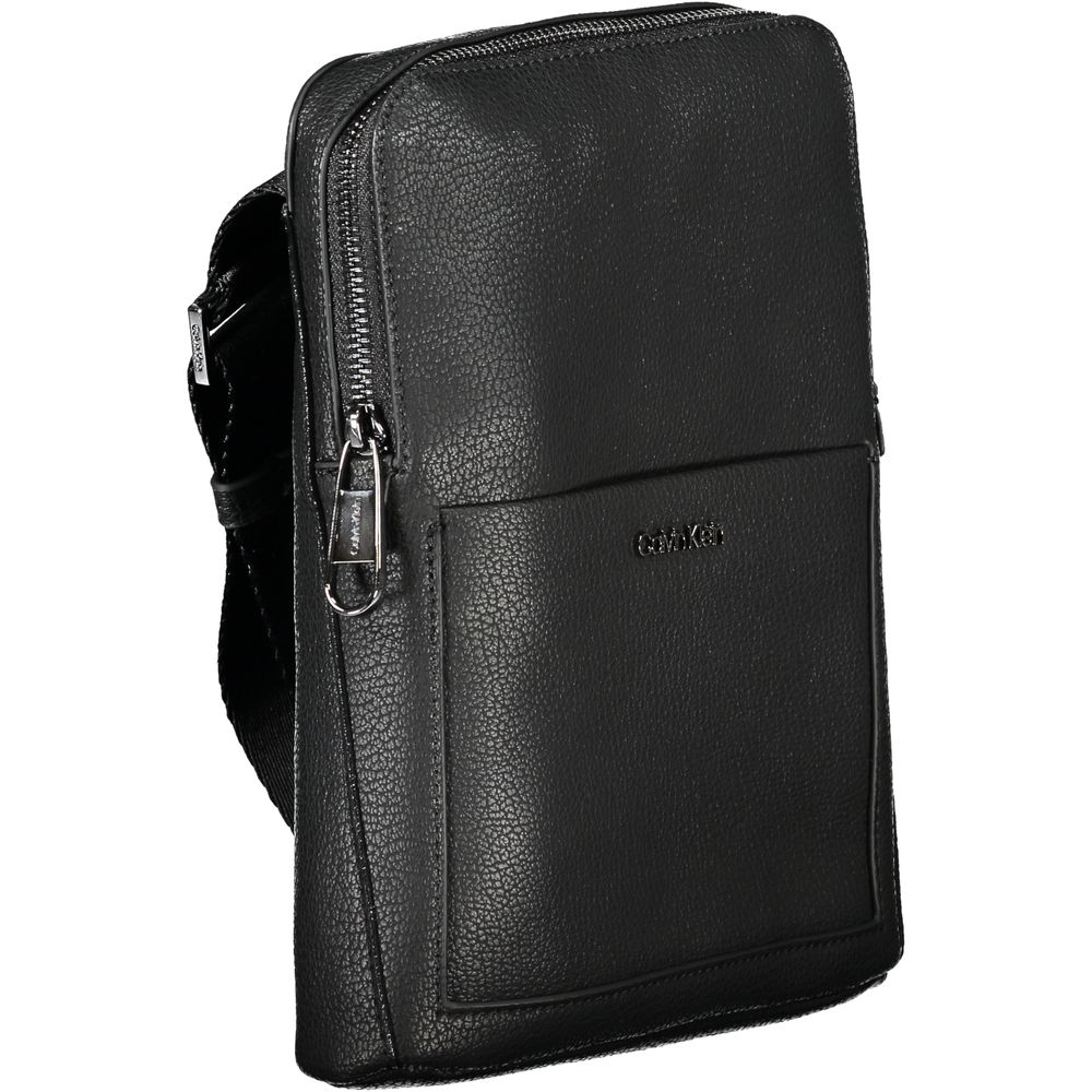 Calvin Klein black polyurethane men's shoulder bag with adjustable strap and sleek design.