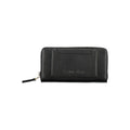 Black Calvin Klein polyester women's wallet with multiple card slots and zipper closure, designed for everyday use.