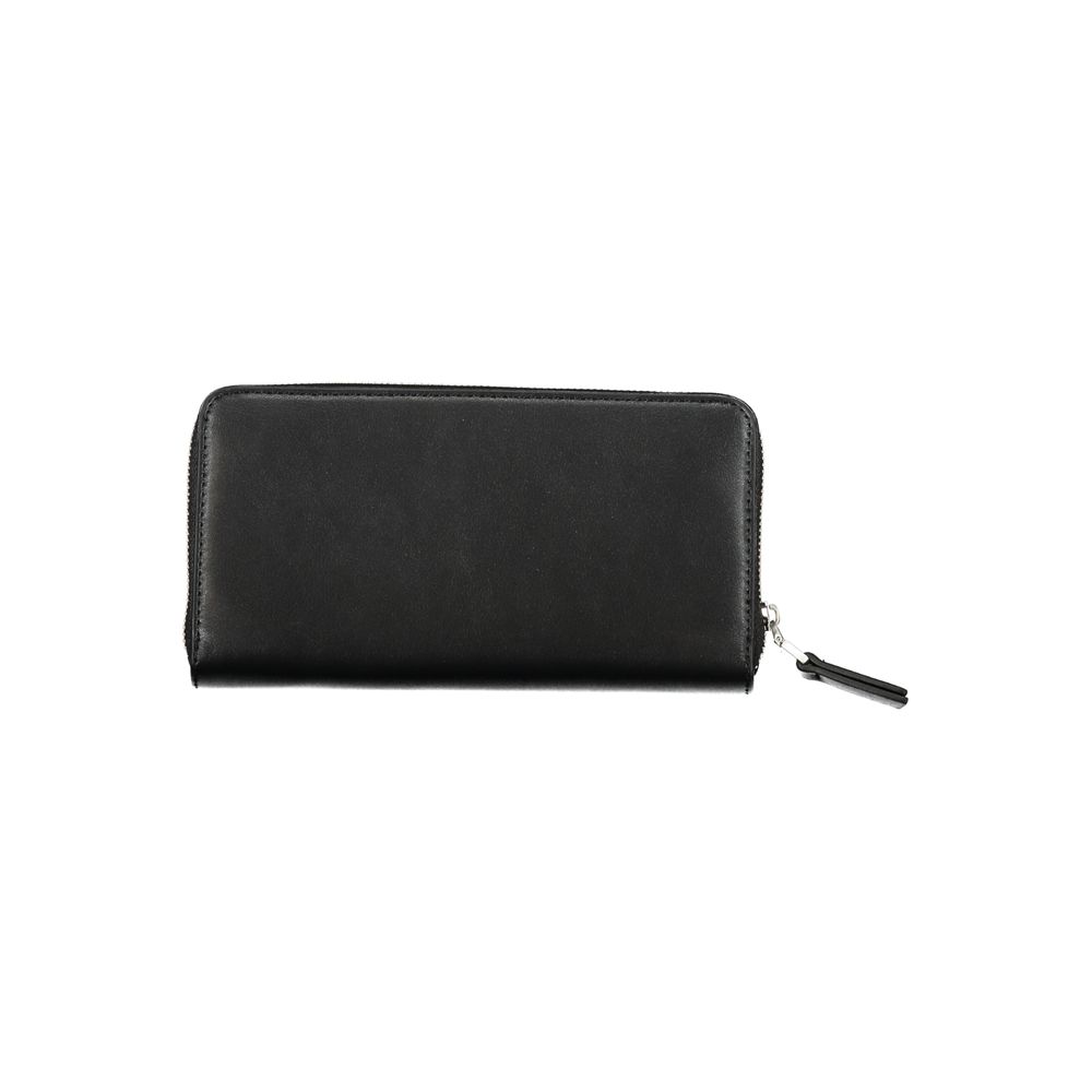 Black Calvin Klein women’s wallet made of polyester with multiple card slots and a sleek, minimalist design.