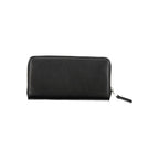 Black Calvin Klein women’s wallet made of polyester with multiple card slots and a sleek, minimalist design.