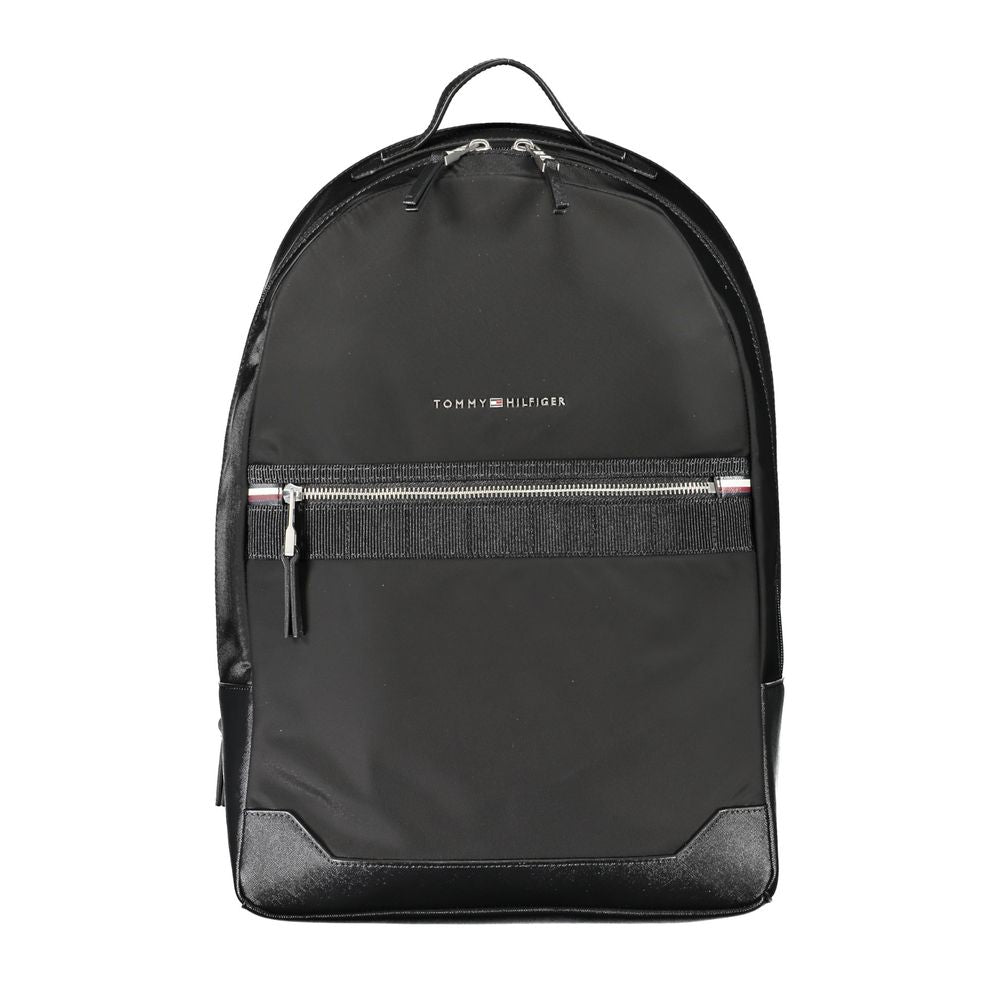 Tommy Hilfiger black polyester men's backpack with adjustable straps and multiple compartments.